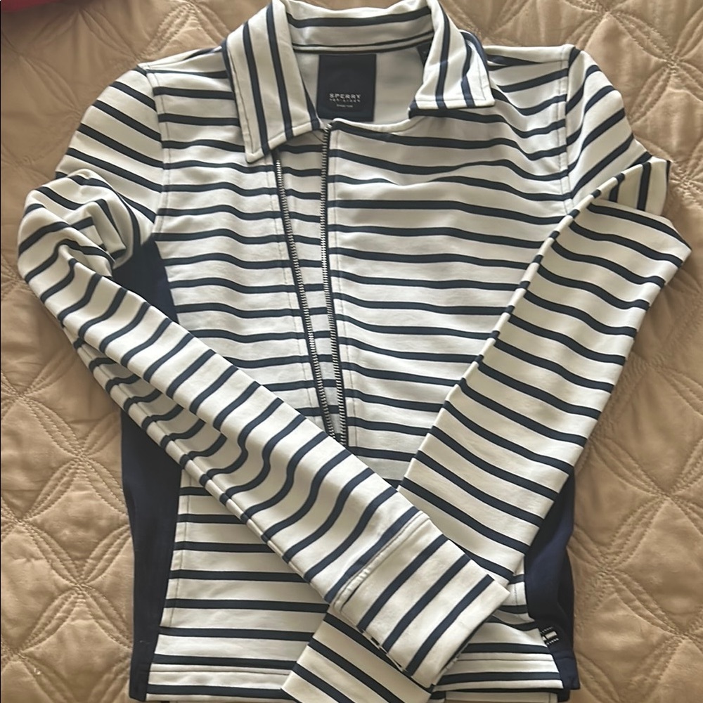 Sperry Navy and White Striped Zip-Up Jacket
